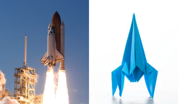 Split image origami rocket and real rocket