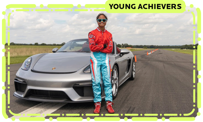 chloe standing next to grey porsche