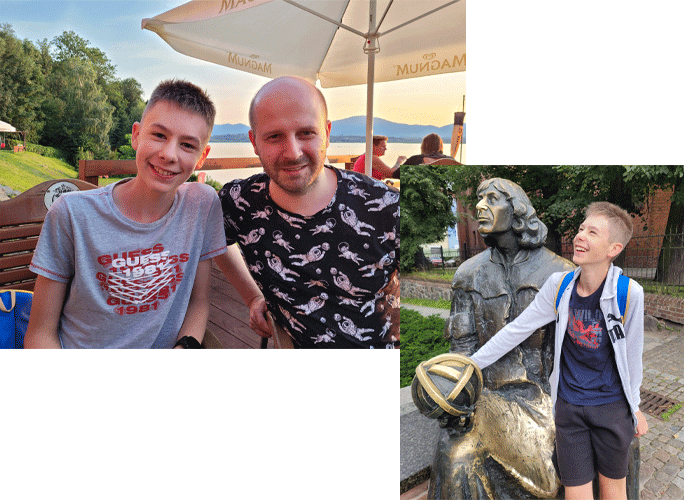 rafal next to polish astronomer Michał Kusiak and next to a statue in another picture