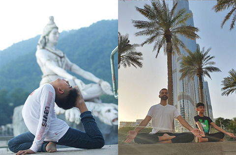 Reyansh practicing yoga alone and with yogi