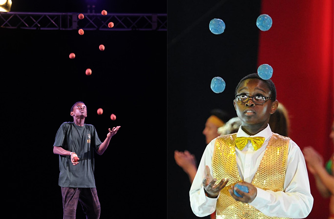 Simeon juggling on stage