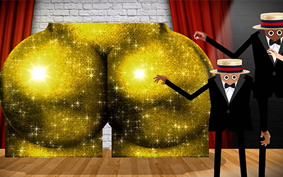 cartoon man next to golden statue of a buttocks