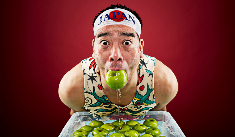 mr cherry bobbing apples wearing a japan bandana