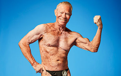Oldest bodybuilder flexing his muscles
