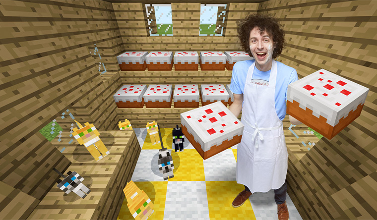 stampy cat in an apron holding two minecraft cakes